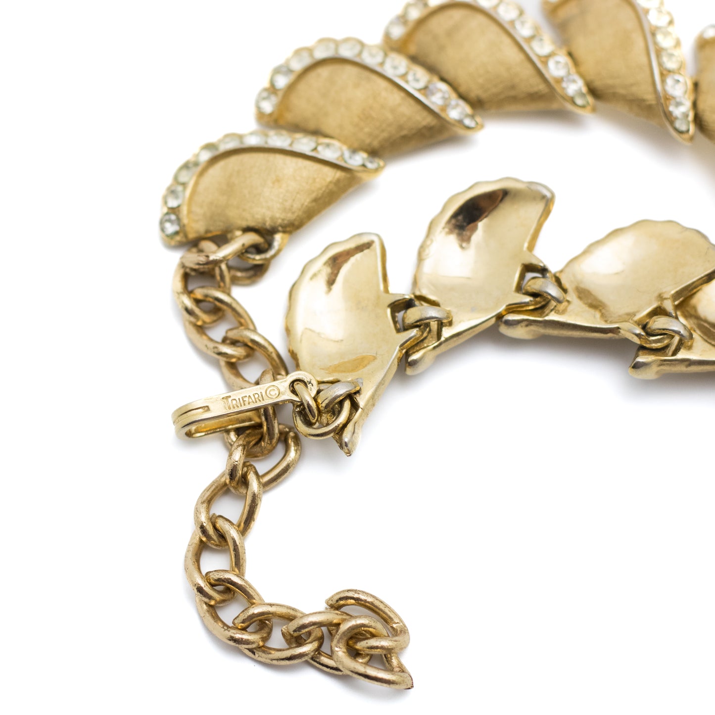 Crown Trifari Vintage Gold Tone Petal Bracelet with Rhinestones