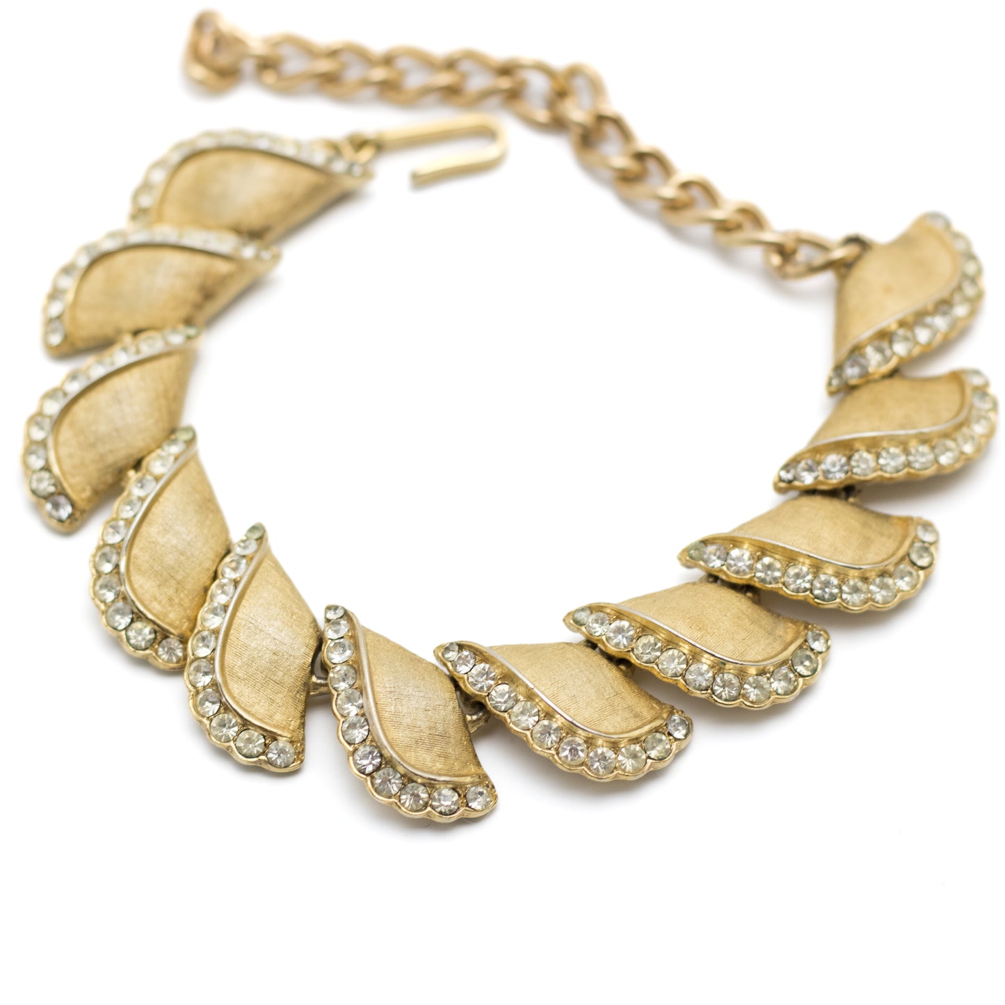 Crown Trifari Vintage Gold Tone Petal Bracelet with Rhinestones