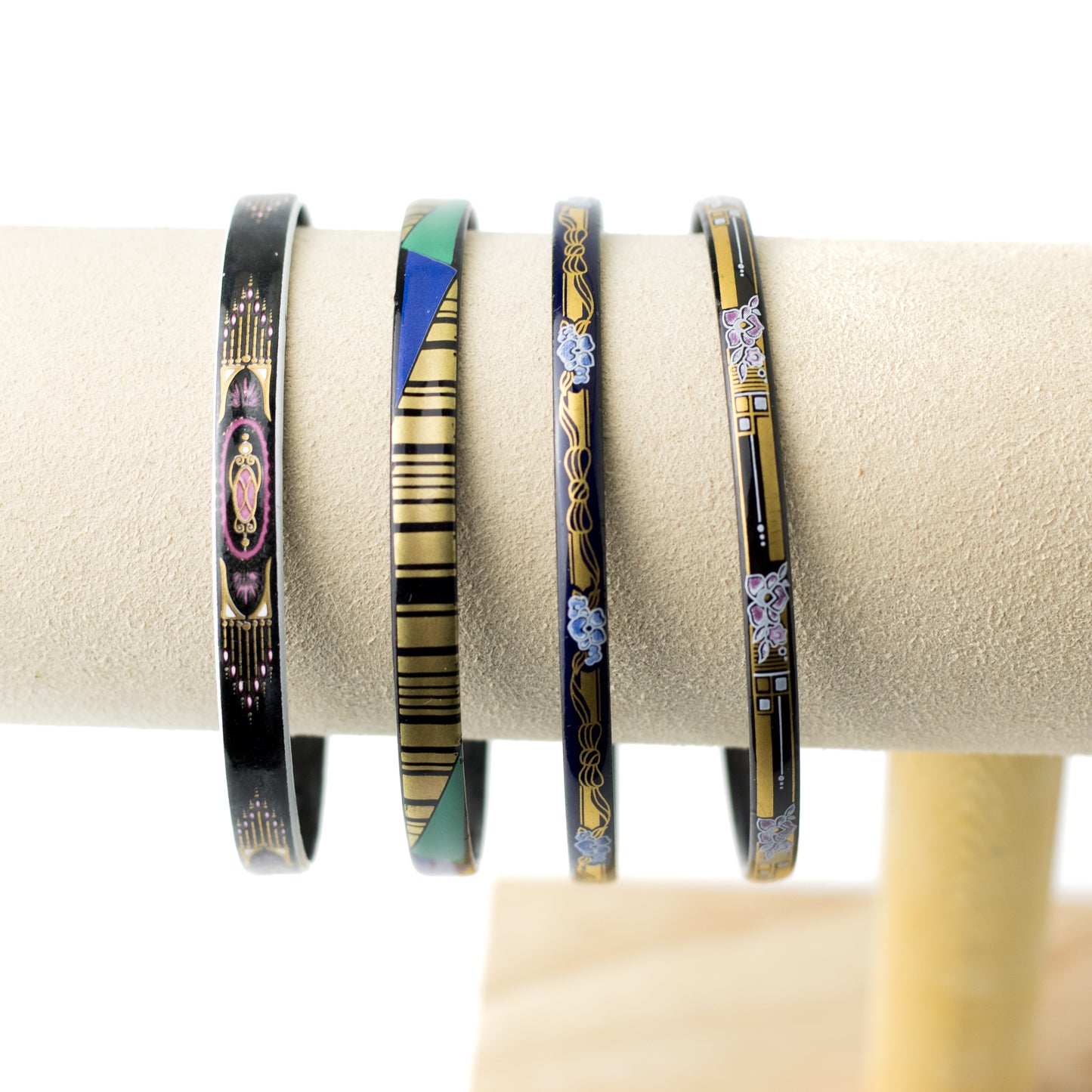 Steinböck Austria Vintage Enamel Bangle with Pink and Gold Art Deco Design