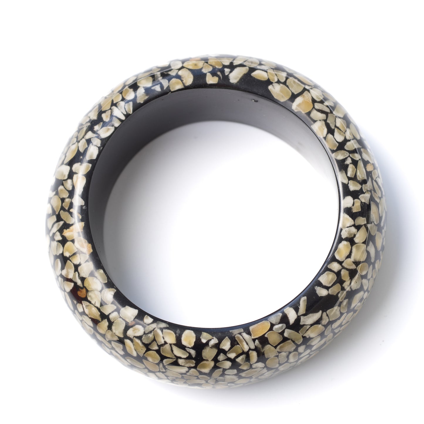 Vintage Black Resin Bangle Bracelet with Mosaic Shell Inlay