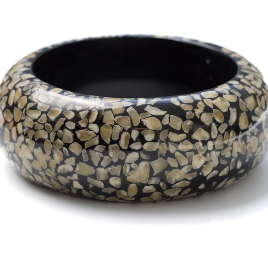Vintage Black Resin Bangle Bracelet with Mosaic Shell Inlay