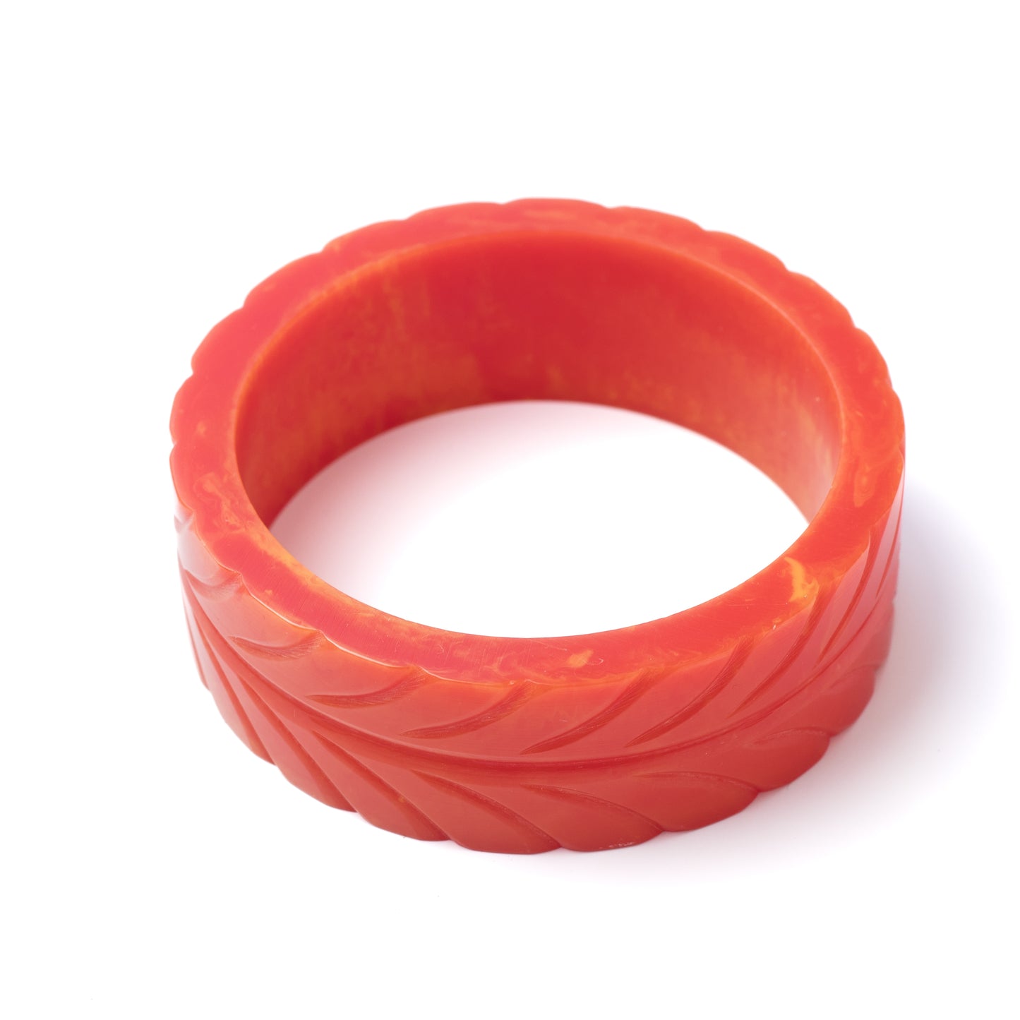 Vintage Salmon-Red Carved Plastic Bangle Bracelet