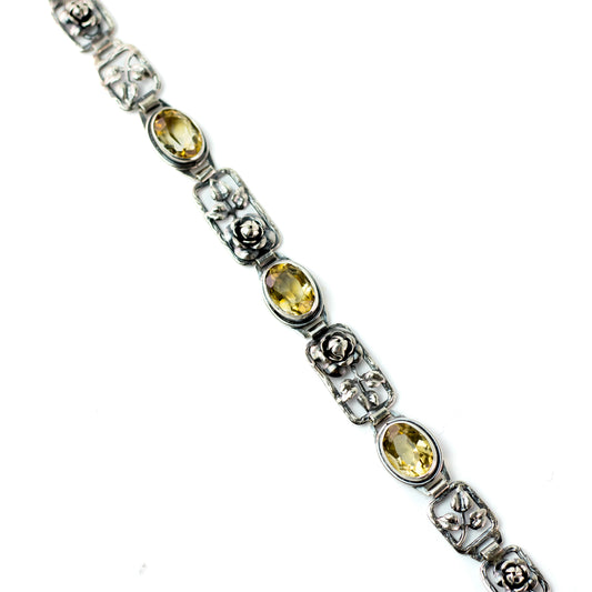 Art Nouveau VINTAGE Silver Citrine Floral Link Bracelet