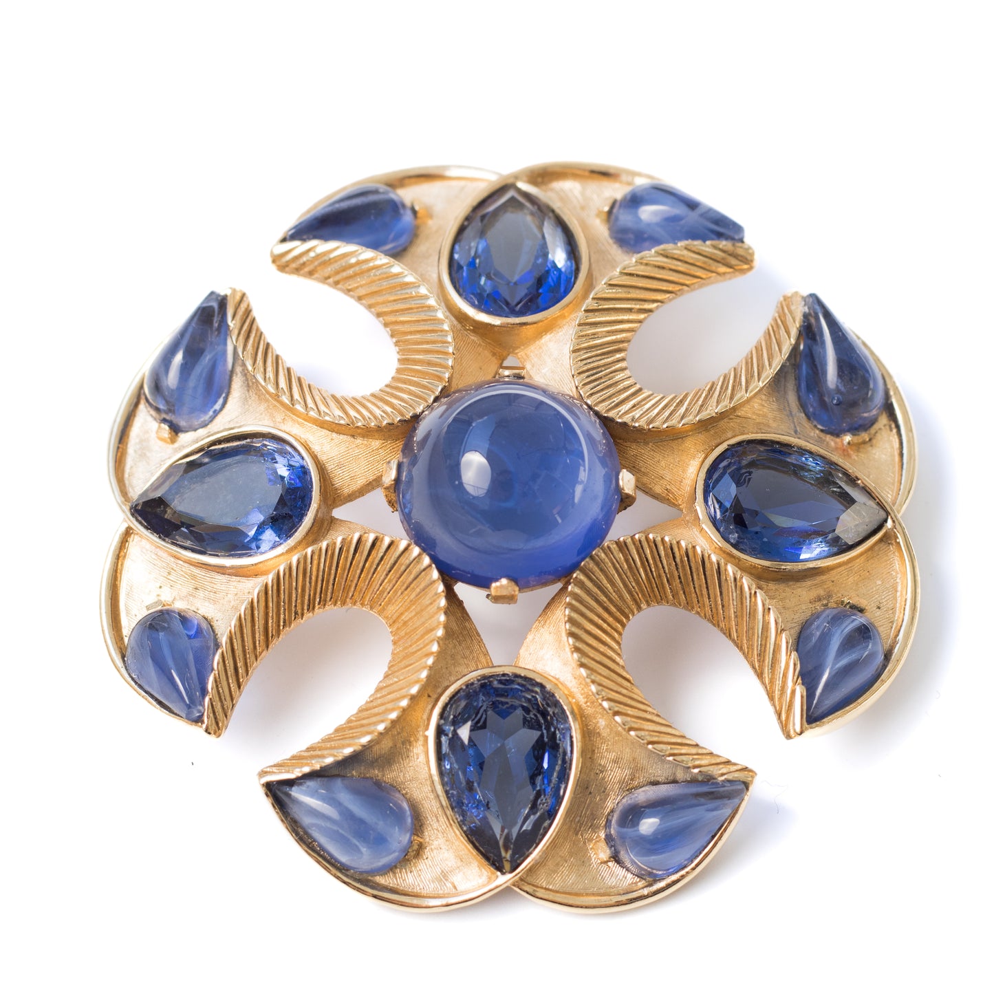Crown Trifari Jewels of India Maltese Cross Brooch with Faux Sapphire Crystals