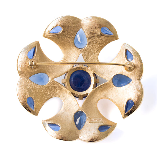 Crown Trifari Jewels of India Maltese Cross Brooch with Faux Sapphire Crystals