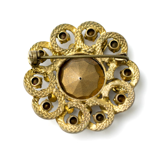 Austrian or Czech Vintage Brooch with Red Glass Crystals and White Enamel