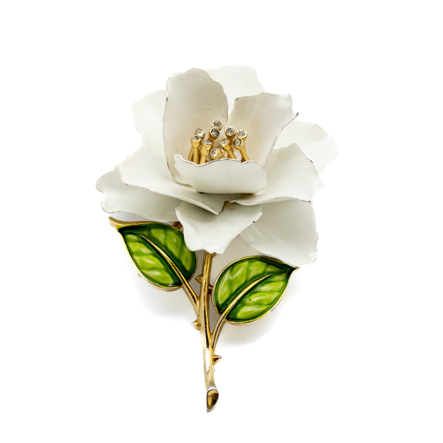 Crown Trifari White Enamel Rose Brooch with Clear Crystals