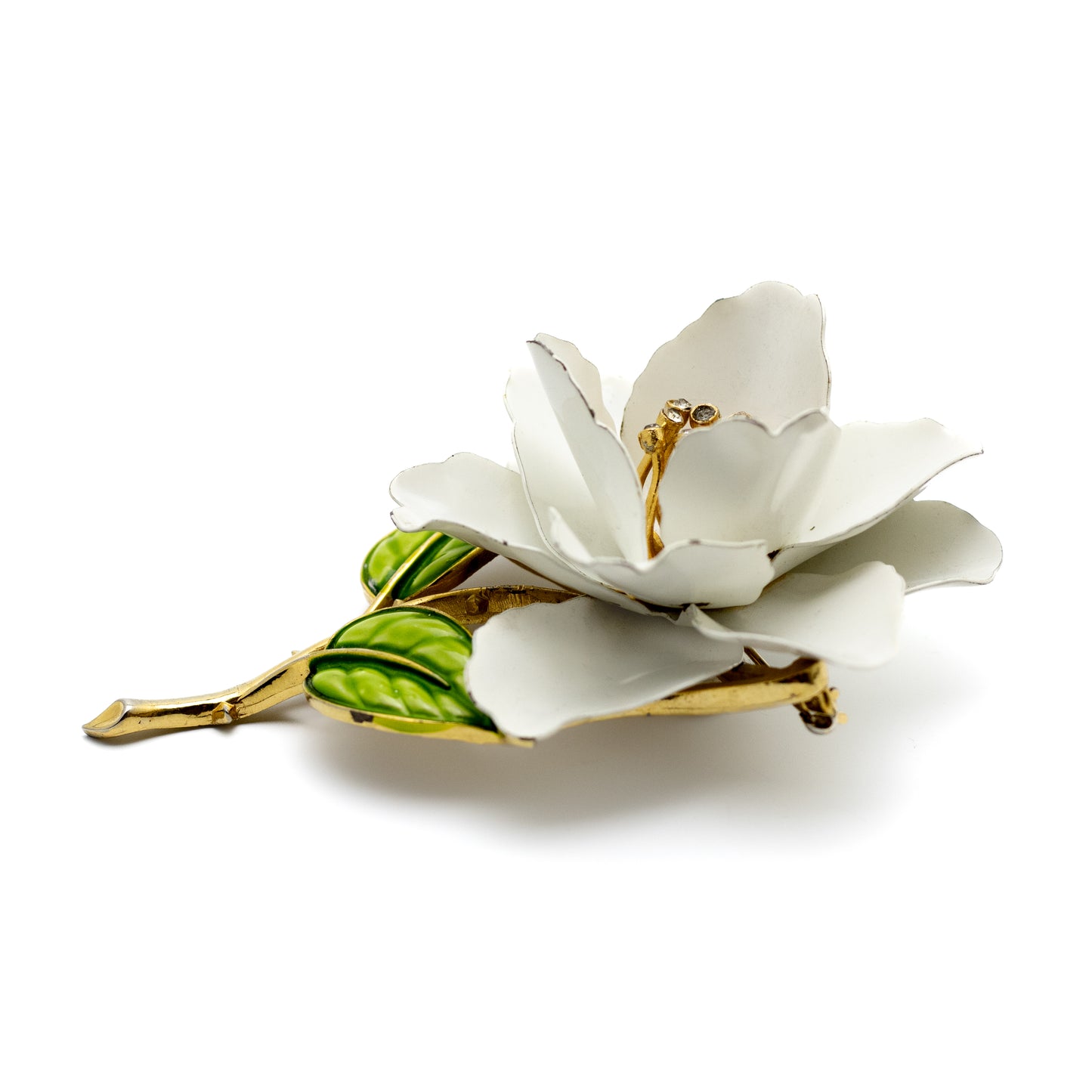 Crown Trifari White Enamel Rose Brooch with Clear Crystals