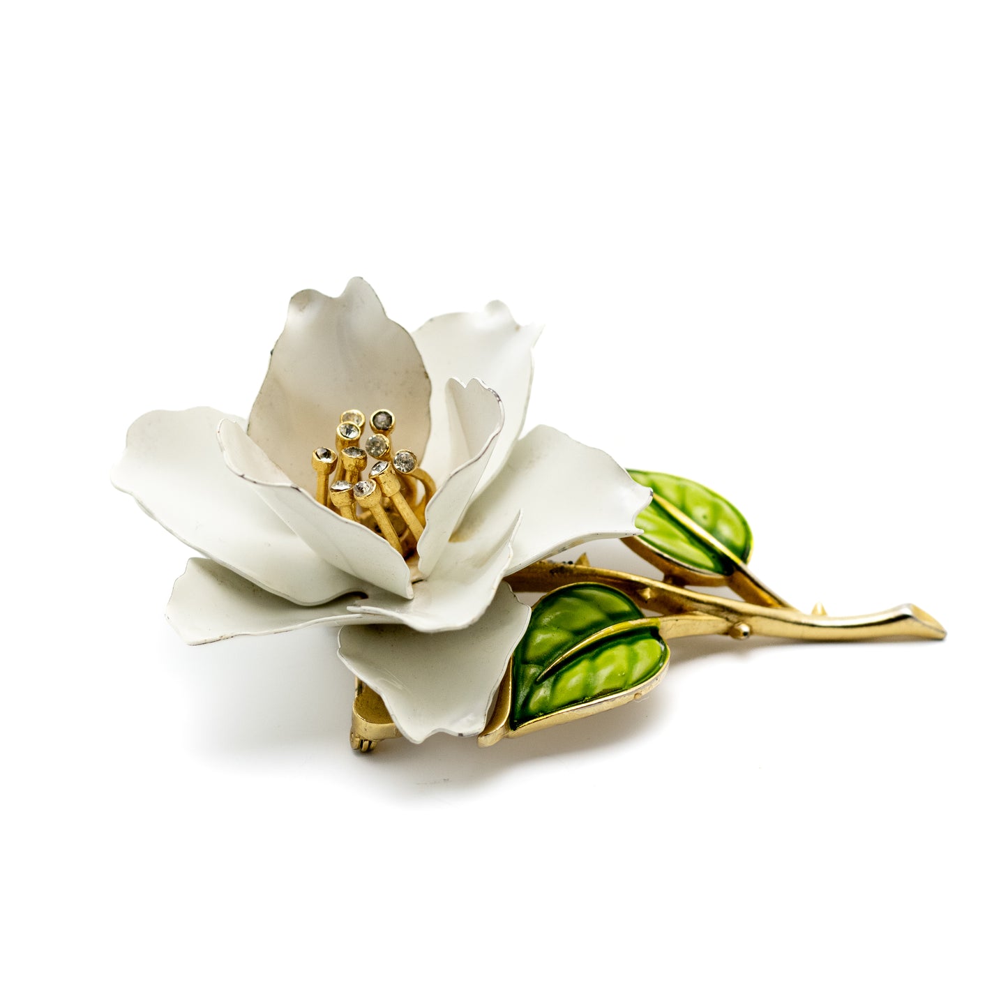 Crown Trifari White Enamel Rose Brooch with Clear Crystals