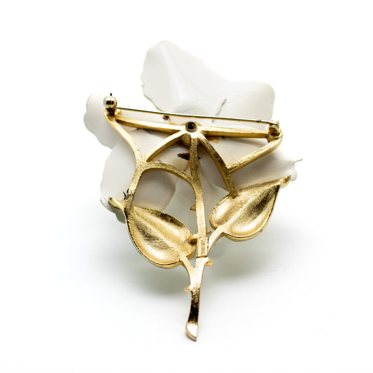 Crown Trifari White Enamel Rose Brooch with Clear Crystals