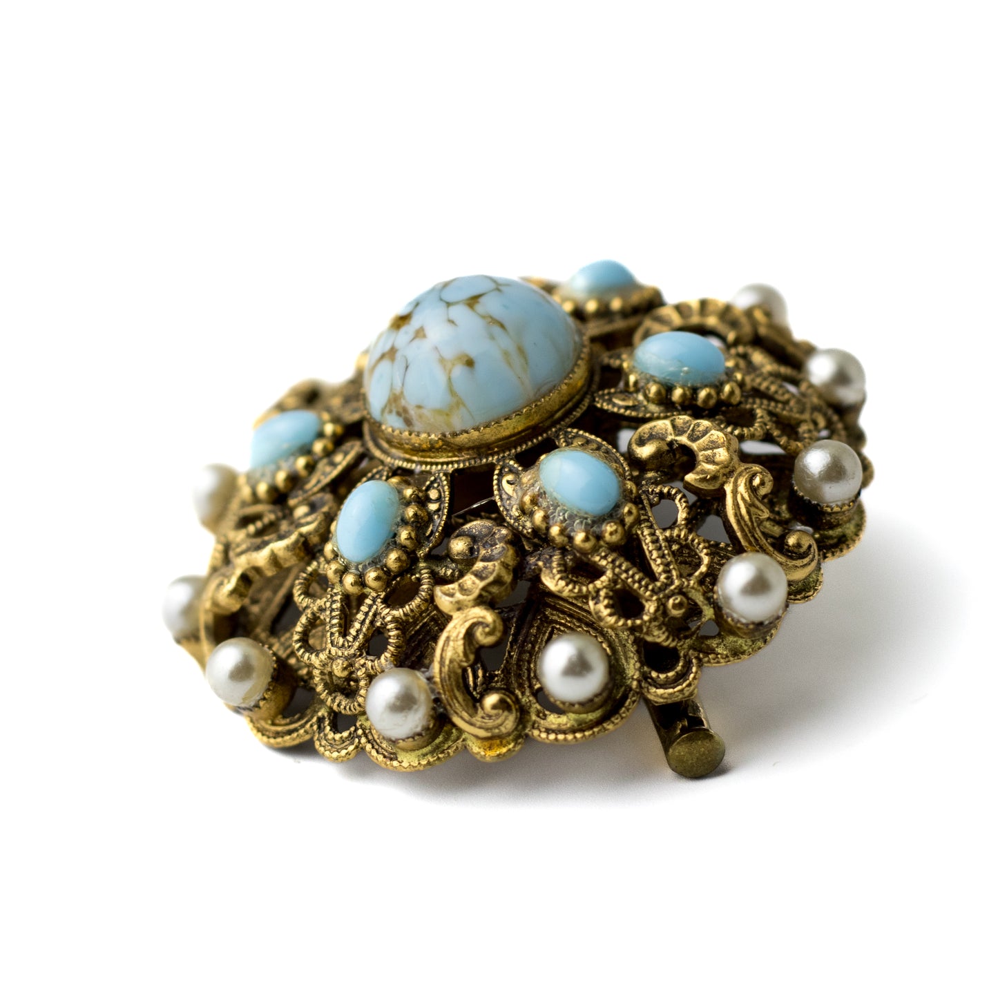 Vintage Austrian or Czechoslovakian Domed Brooch with Turquoise Peking Glass Cabochon