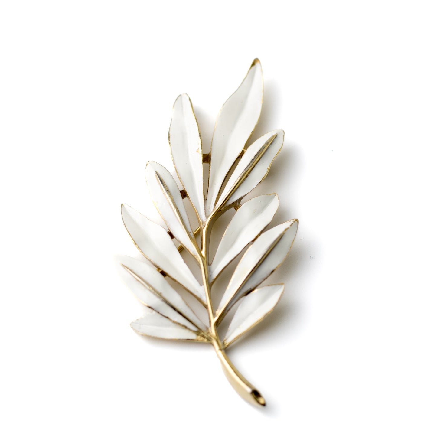 Crown Trifari White Enamel Leaf Vintage Brooch