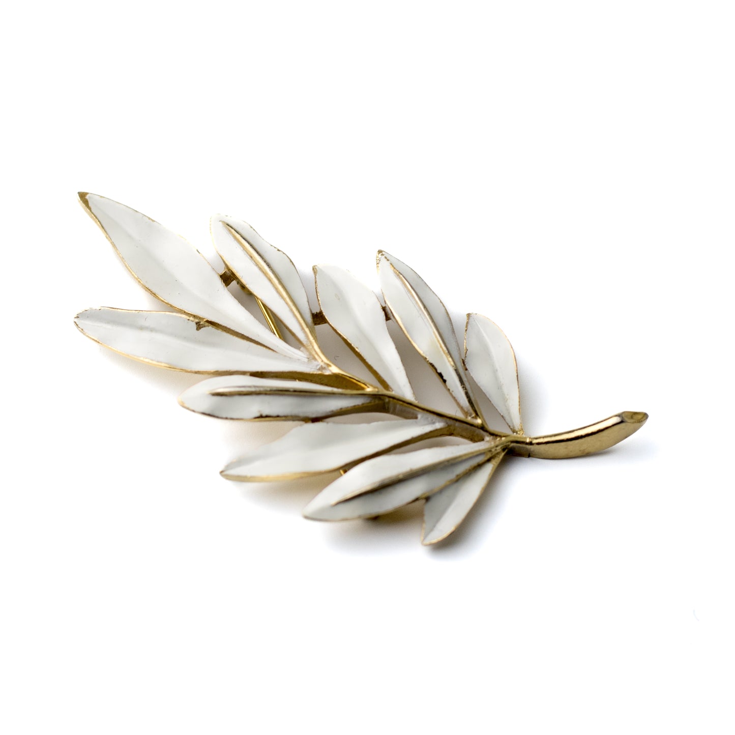 Crown Trifari White Enamel Leaf Vintage Brooch