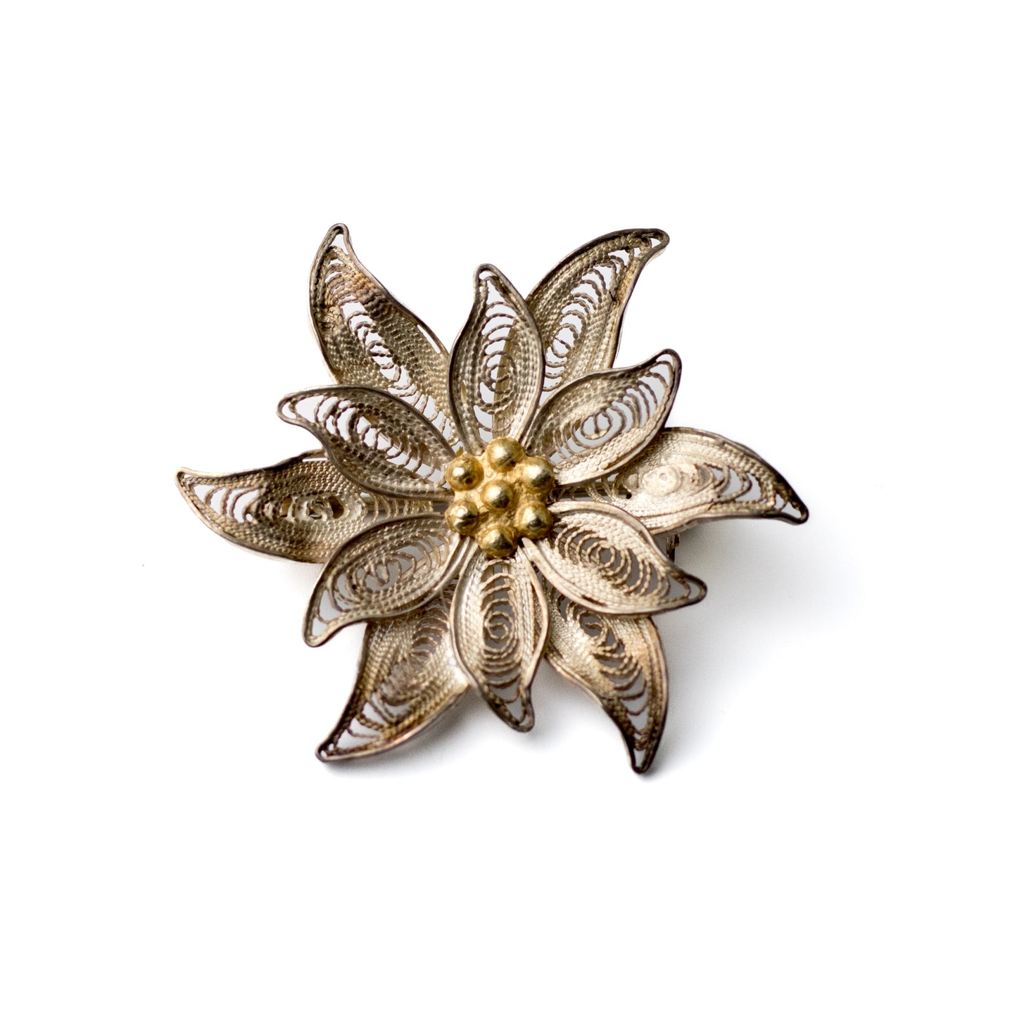 Vintage Edelweiss Silver Filigree Brooch with Gold-Plated Center