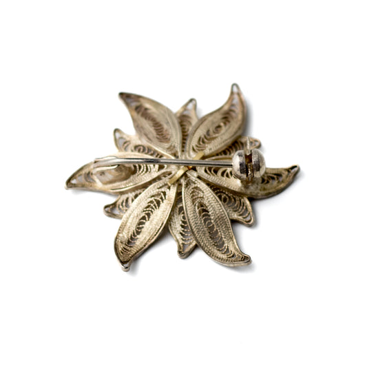Vintage Edelweiss Silver Filigree Brooch with Gold-Plated Center
