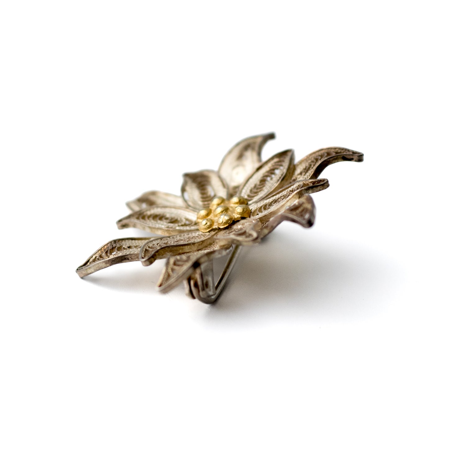Vintage Edelweiss Silver Filigree Brooch with Gold-Plated Center