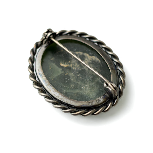Hermann Bauer Antique Silver Brooch with Deep Green Serpentine Rock
