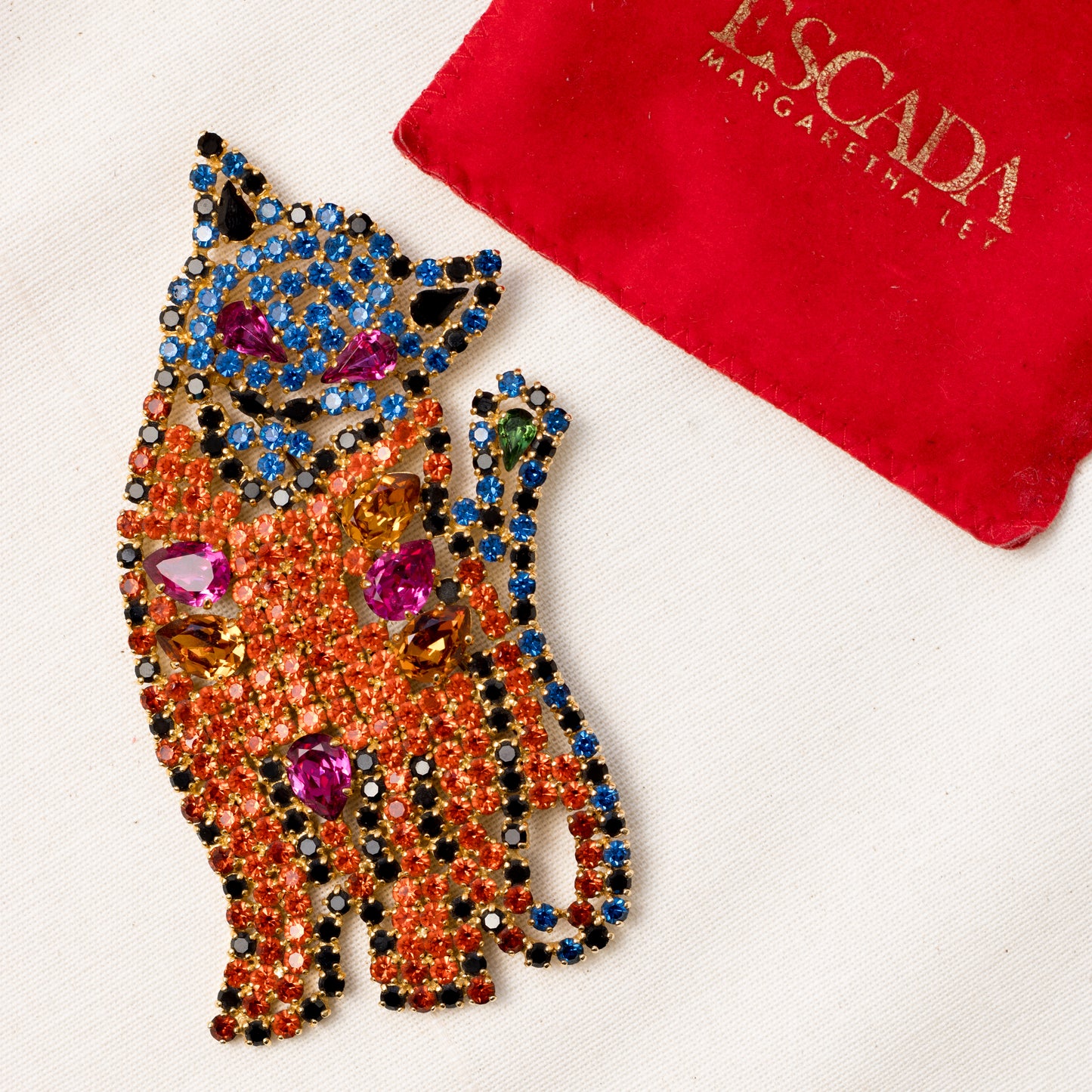 Escada Vintage Crystal Cat Brooch with Original Pouch