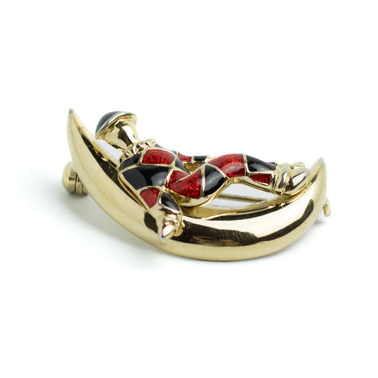 Harlequin on Crescent Moon Gold Tone Vintage Enamel Brooch