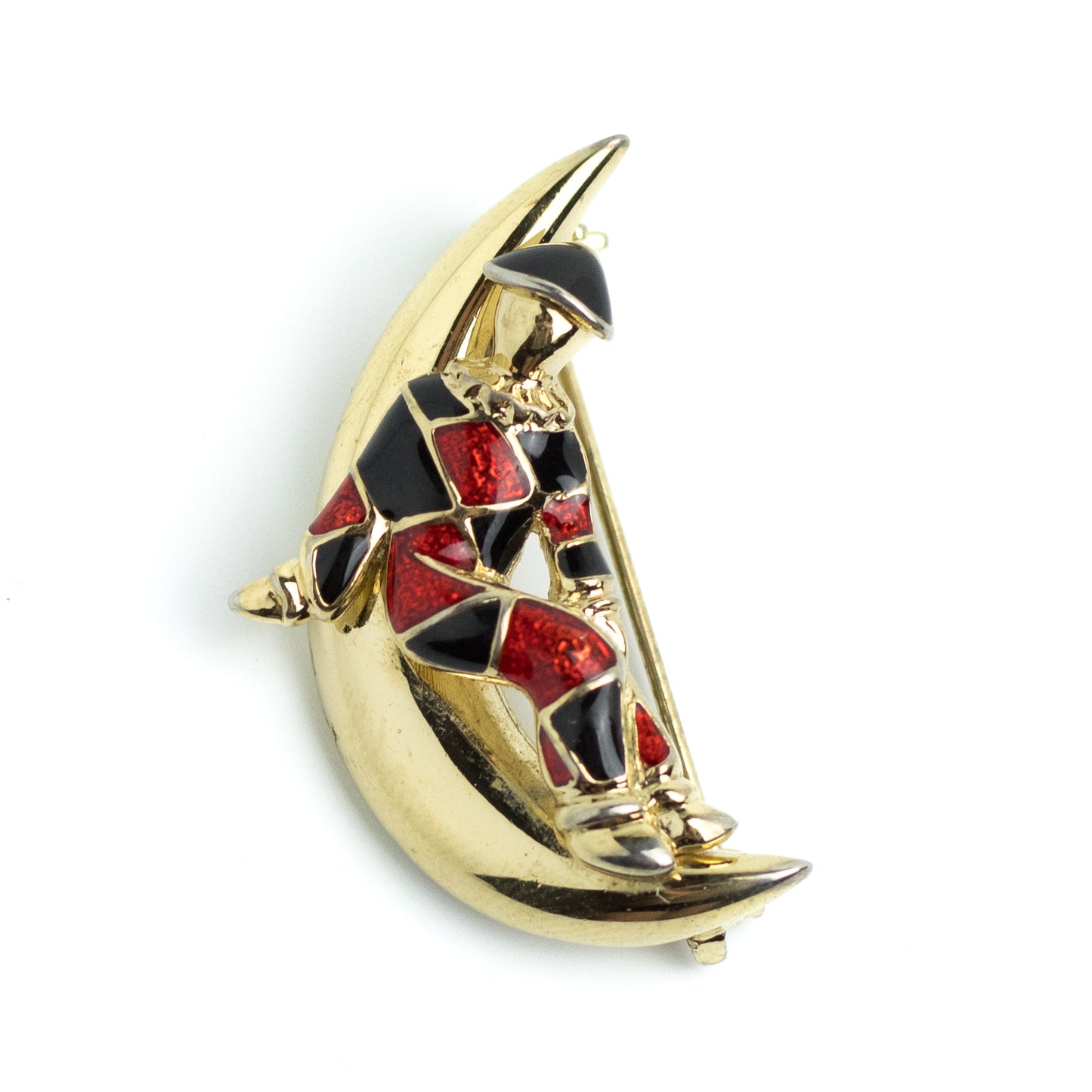 Harlequin on Crescent Moon Gold Tone Vintage Enamel Brooch
