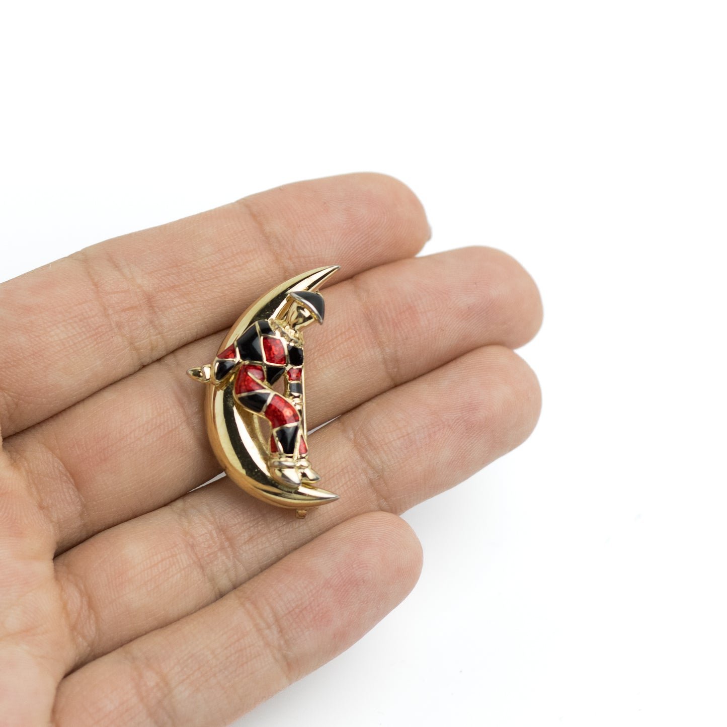 Harlequin on Crescent Moon Gold Tone Vintage Enamel Brooch