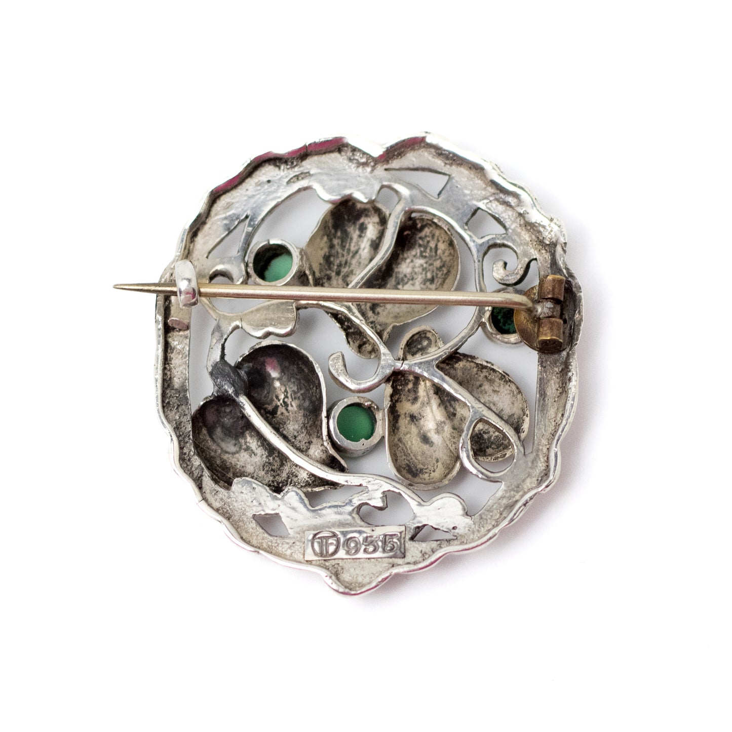 Theodor Fahrner Art Nouveau Silver Leaf Hearts Brooch with Green Chalcedony