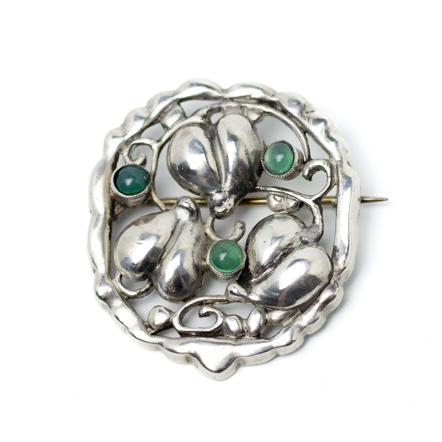 Theodor Fahrner Art Nouveau Silver Leaf Hearts Brooch with Green Chalcedony