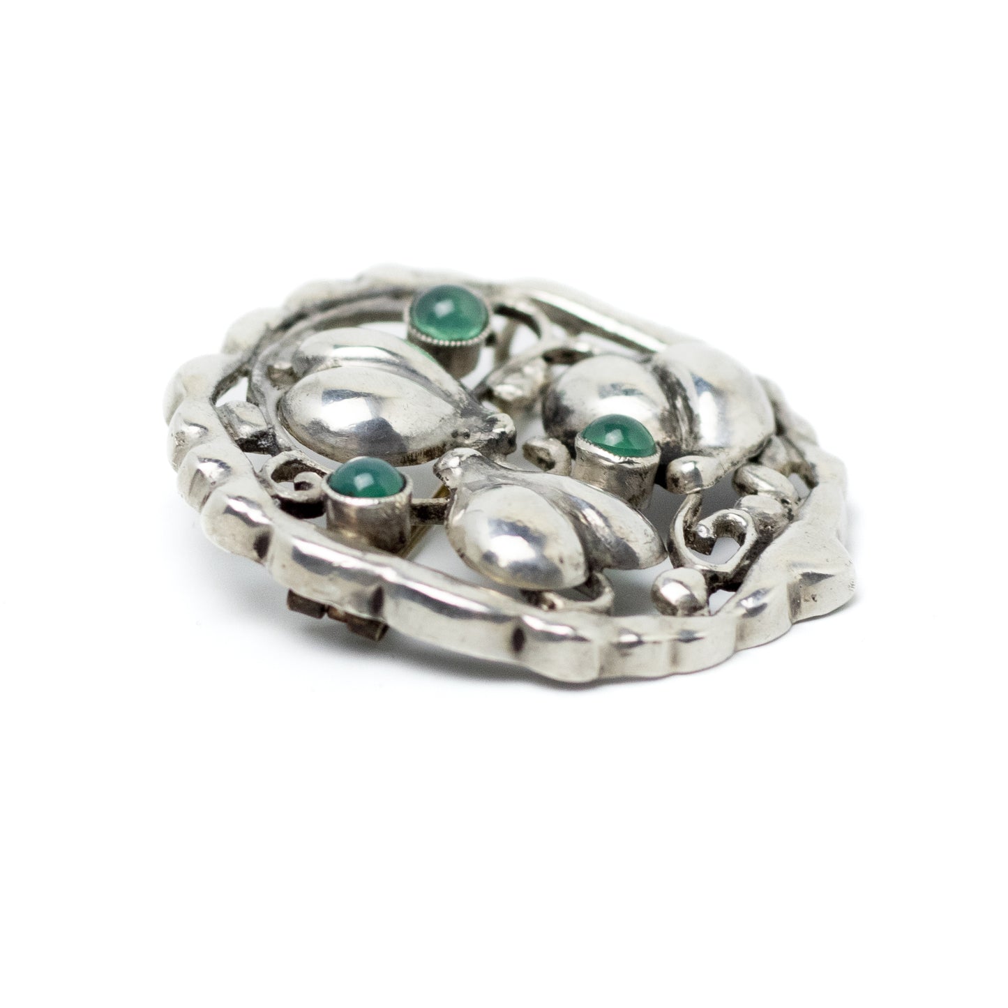 Theodor Fahrner Art Nouveau Silver Leaf Hearts Brooch with Green Chalcedony