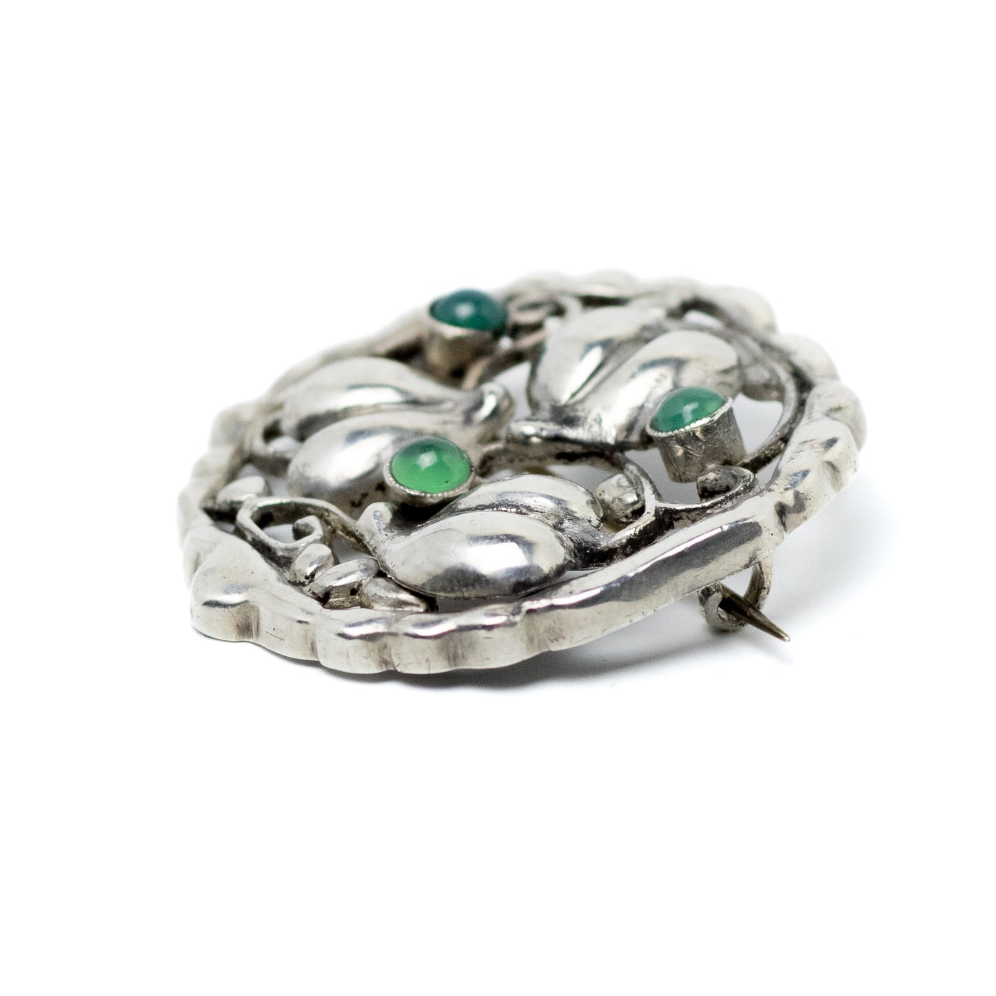 Theodor Fahrner Art Nouveau Silver Leaf Hearts Brooch with Green Chalcedony
