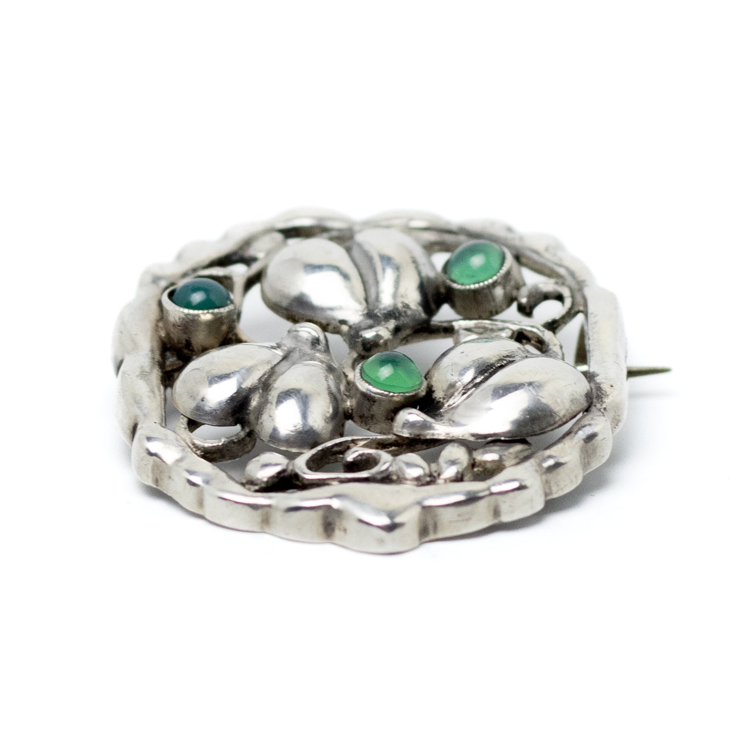 Theodor Fahrner Art Nouveau Silver Leaf Hearts Brooch with Green Chalcedony