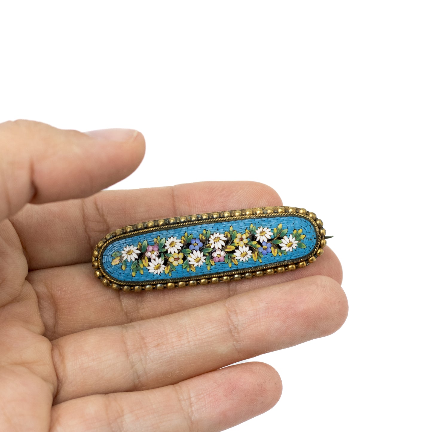 Antique Micromosaic Flowers Bar Brooch in Gold-Tone Metal