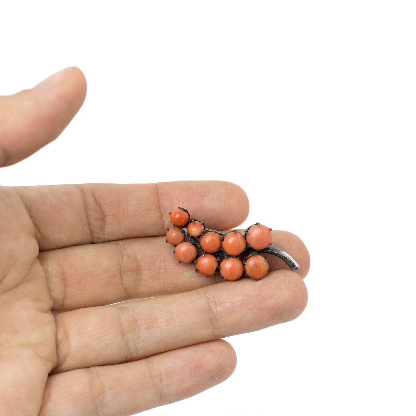Antique Silver Branch Pin With Coral Cabochons