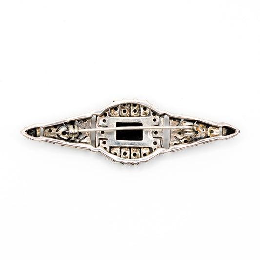 Onyx and Marcasite Vintage Art Deco Silver Brooch