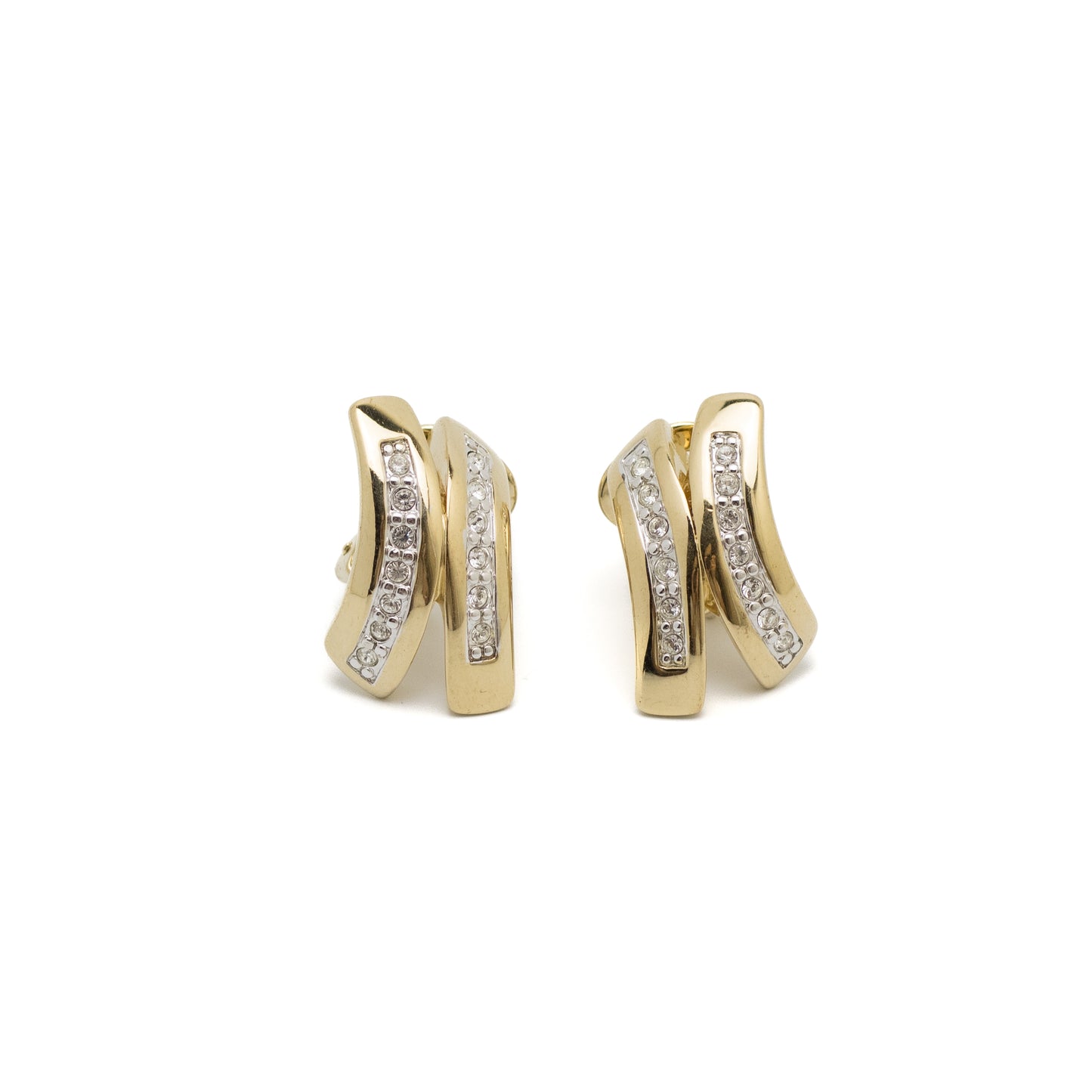 Pierre Lang Vintage X-Shaped Rhinestone Clip-On Earrings in Gold Tone