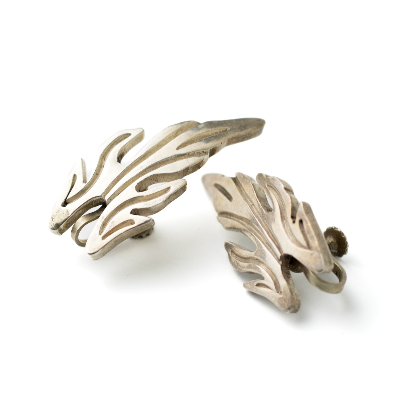 Vintage Taxco Sterling Silver Leaf Clip-on Earrings Signed JN Jacobo