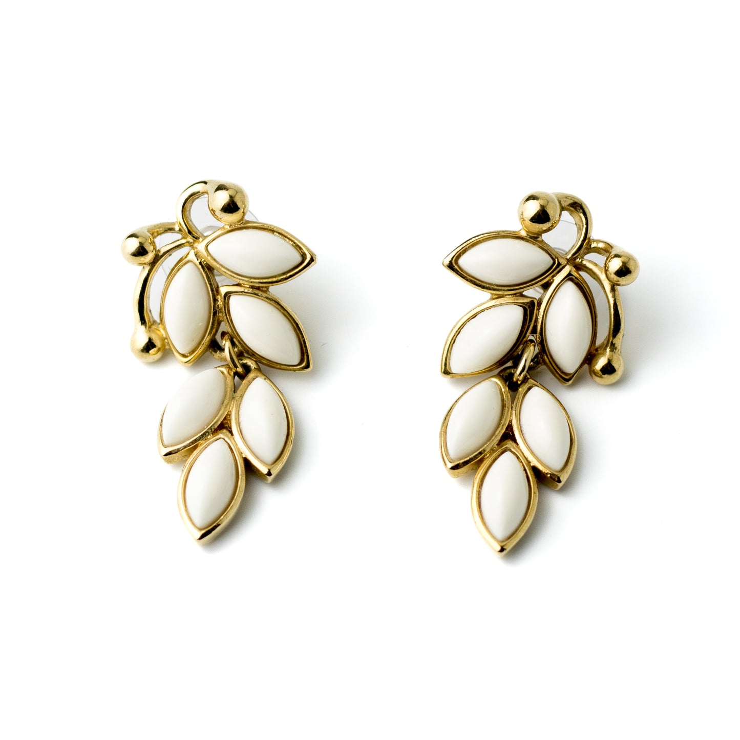 Trifari Vintage White Enamel Leaves Dangle Earrings in Gold Tone