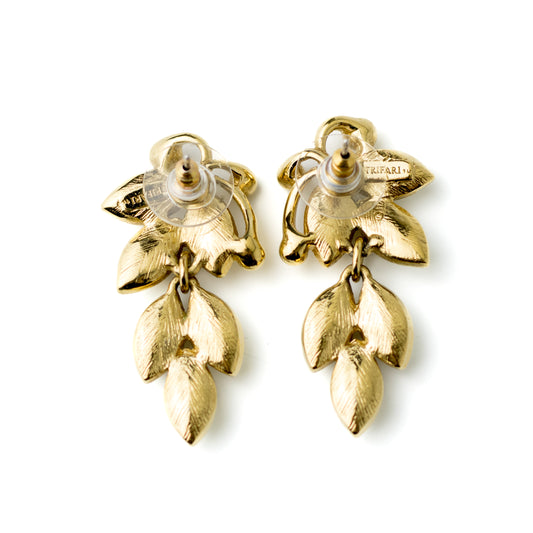 Trifari Vintage White Enamel Leaves Dangle Earrings in Gold Tone