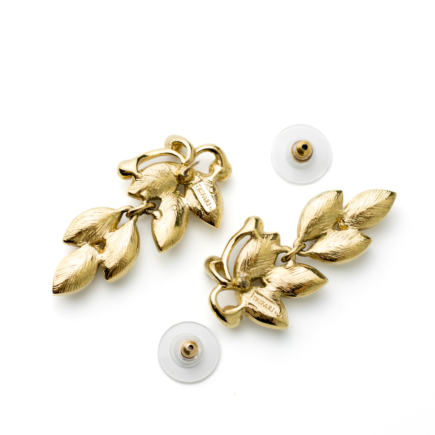 Trifari Vintage White Enamel Leaves Dangle Earrings in Gold Tone