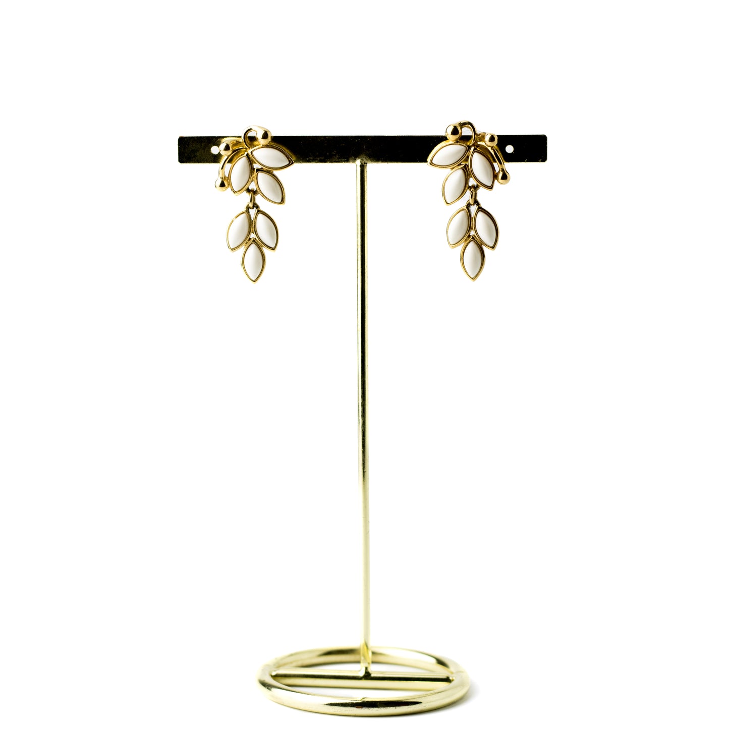 Trifari Vintage White Enamel Leaves Dangle Earrings in Gold Tone