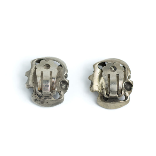 Vintage Brutalist Pearl Clip-On Earrings in Silver Tone Metal