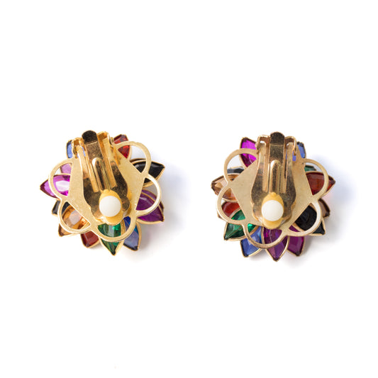 Vintage Bezel Glass Flower Earrings with Rainbow Petals and Faux Pearl Centers