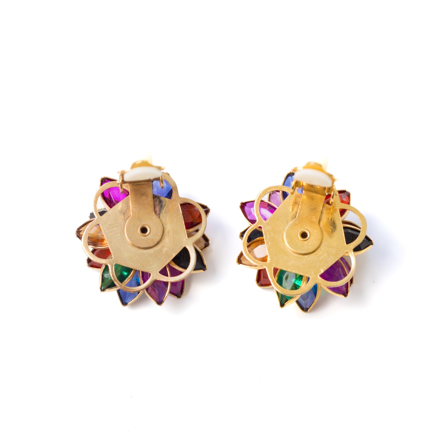 Vintage Bezel Glass Flower Earrings with Rainbow Petals and Faux Pearl Centers