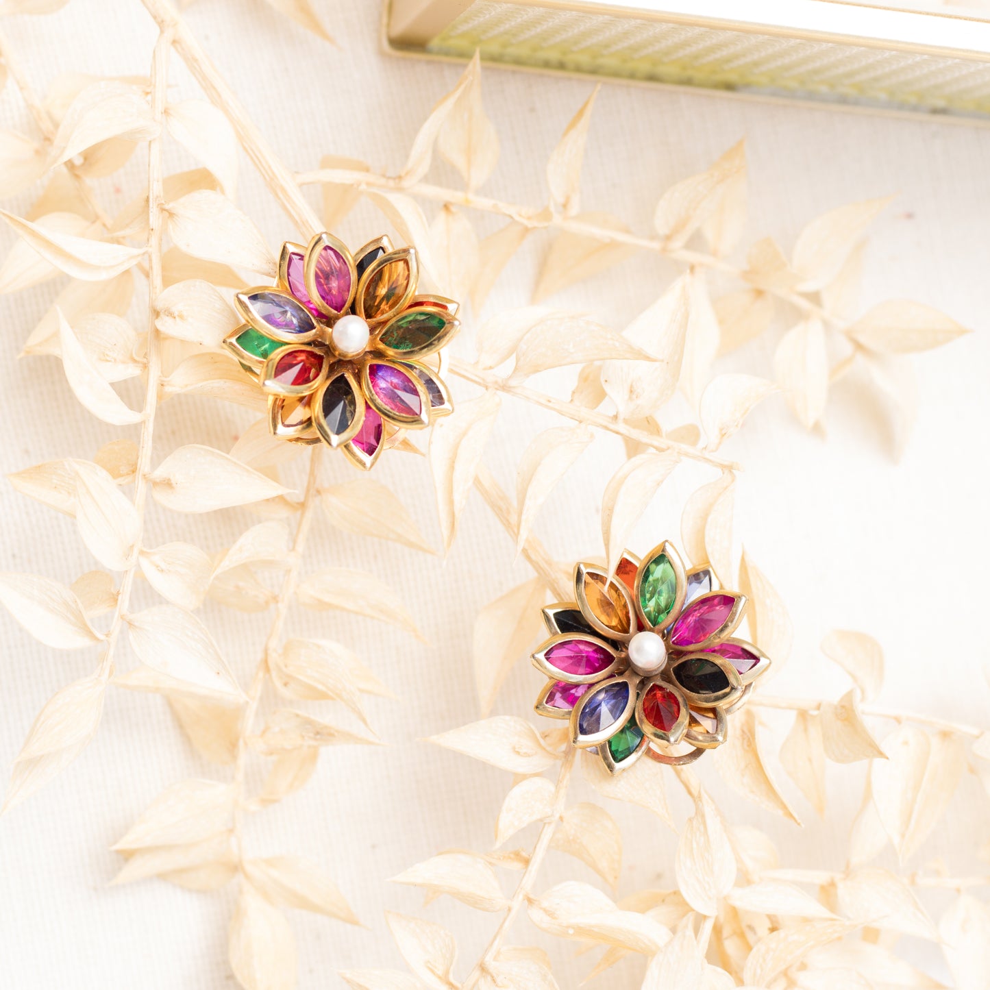 Vintage Bezel Glass Flower Earrings with Rainbow Petals and Faux Pearl Centers