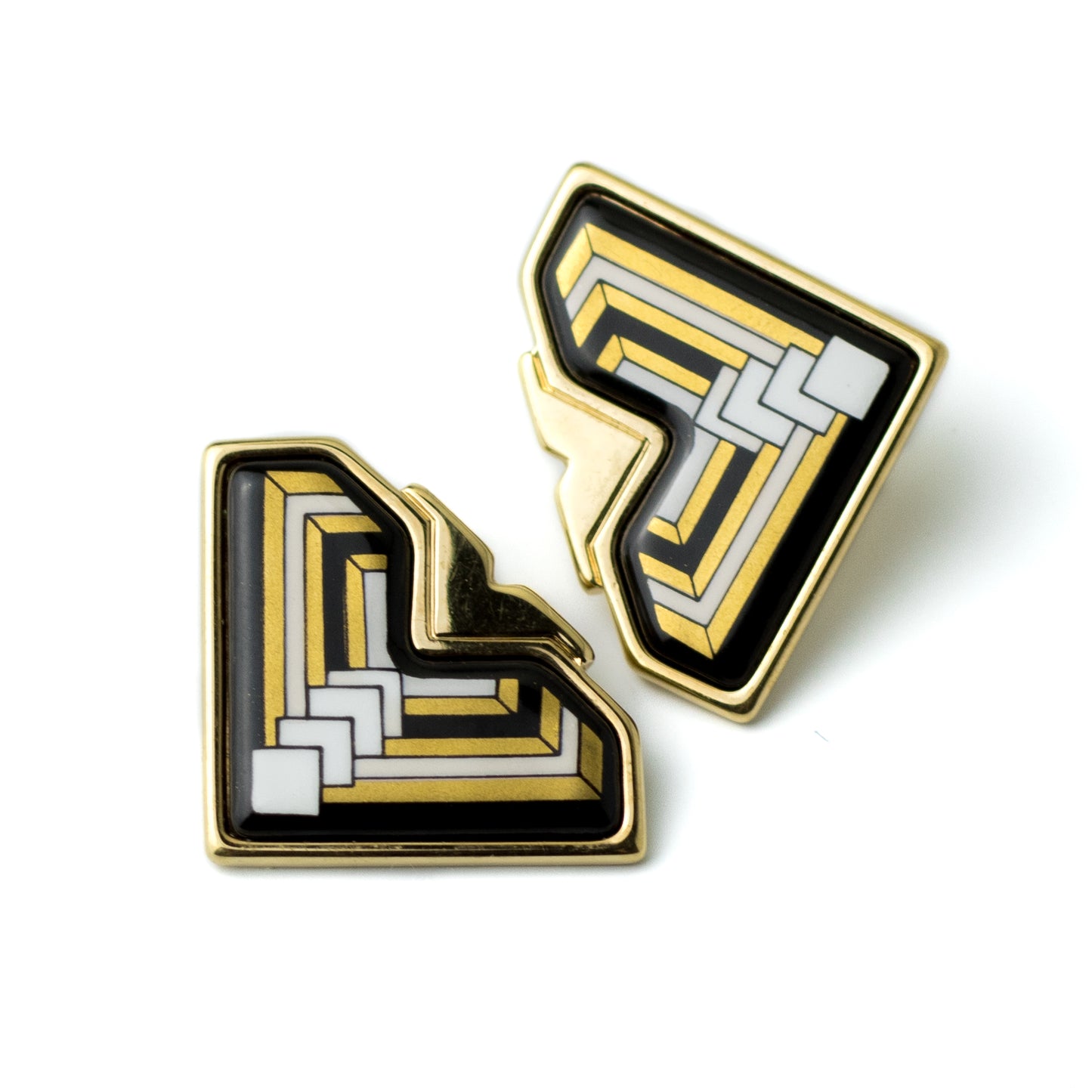 Michaela Frey Team Art Deco Inspired Black and Gold Enamel Vintage Clip-On Earrings