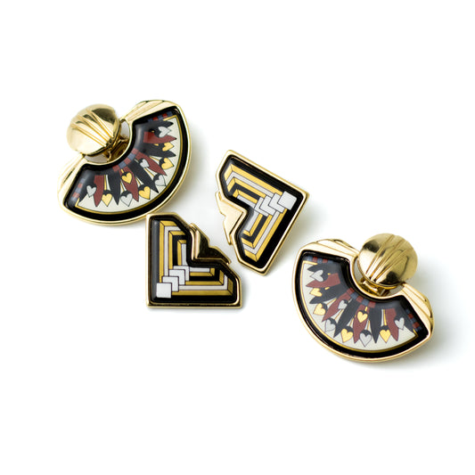 Michaela Frey Team Art Deco Inspired Black and Gold Enamel Vintage Clip-On Earrings