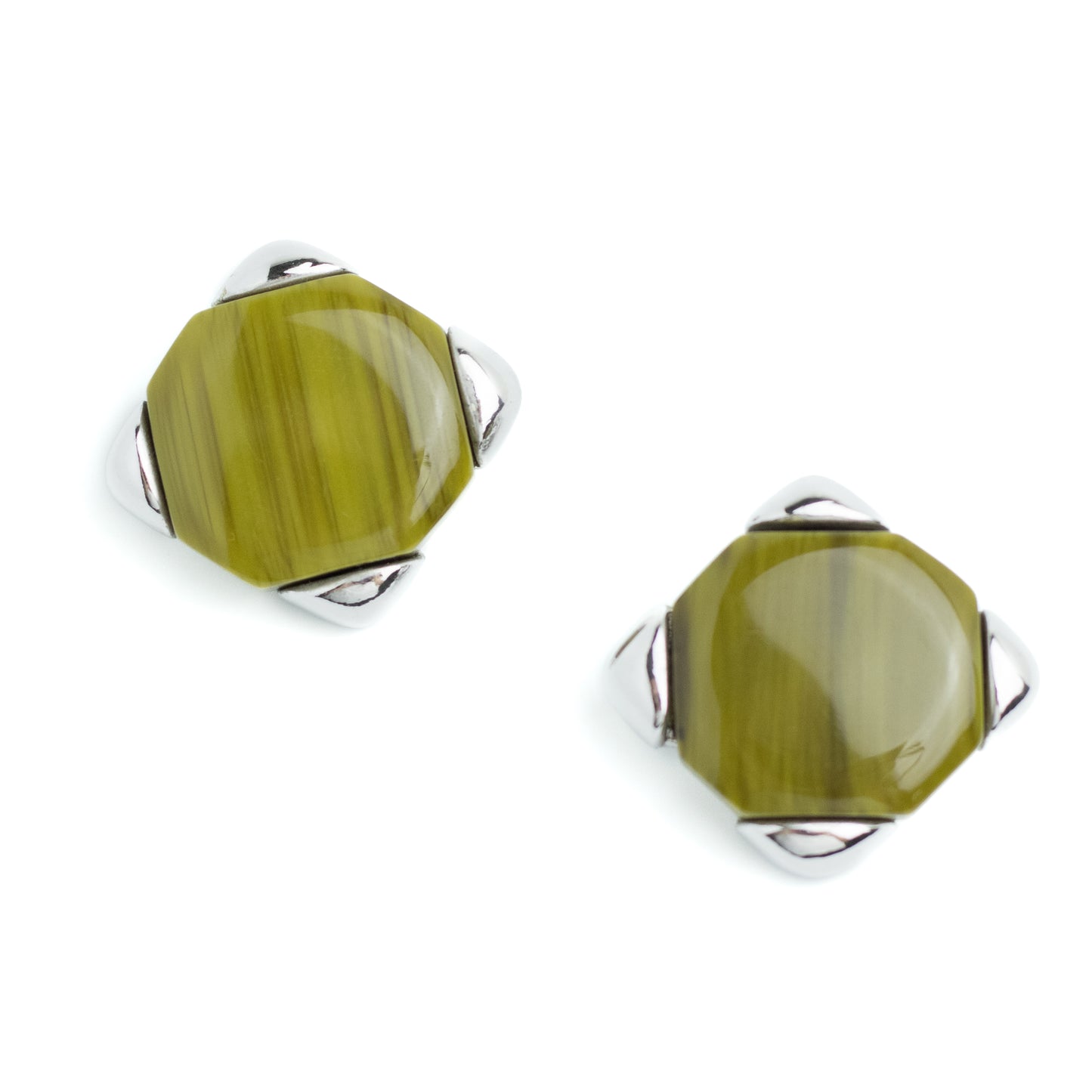 Christian Dior Germany Olive Lucite Vintage Clip On Earrings in Silver Tone