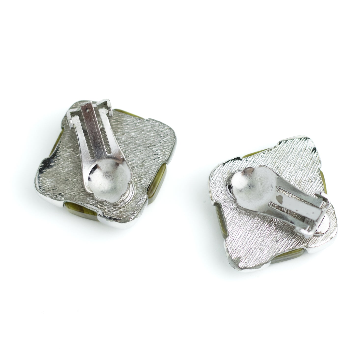 Christian Dior Germany Olive Lucite Vintage Clip On Earrings in Silver Tone
