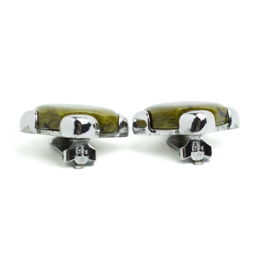 Christian Dior Germany Olive Lucite Vintage Clip On Earrings in Silver Tone