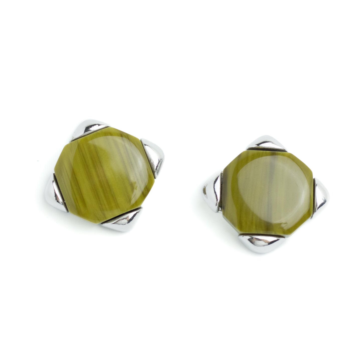 Christian Dior Germany Olive Lucite Vintage Clip On Earrings in Silver Tone