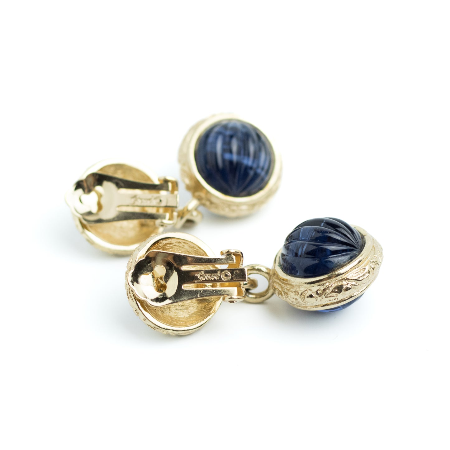 Henkel & Grosse for Dior Dangle Clip On Earrings with Navy Glass Cabochons